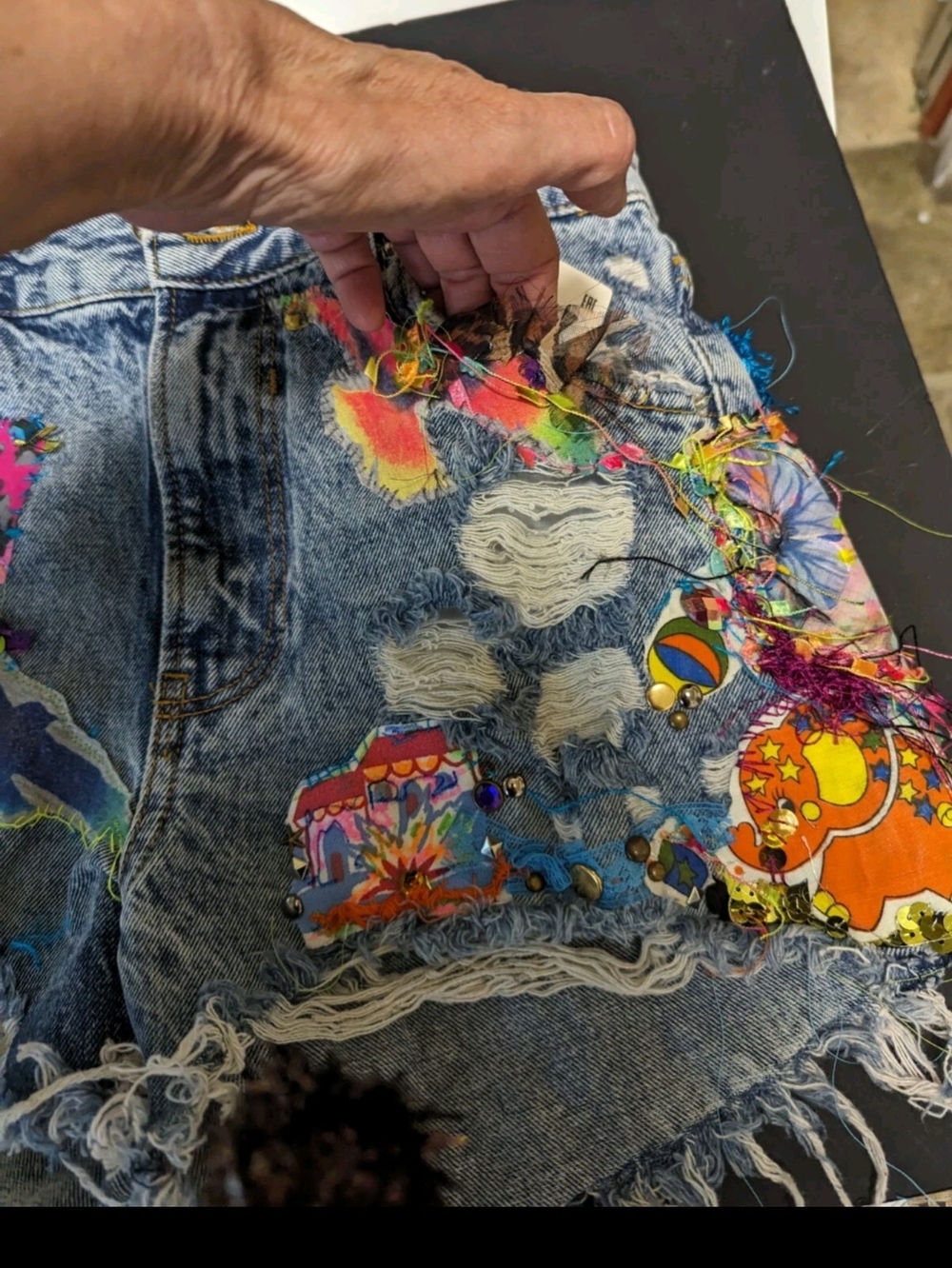 Distressed Embroidered Denim Shorts High Waisted New Patchwork Hippie - Picture 4 of 10